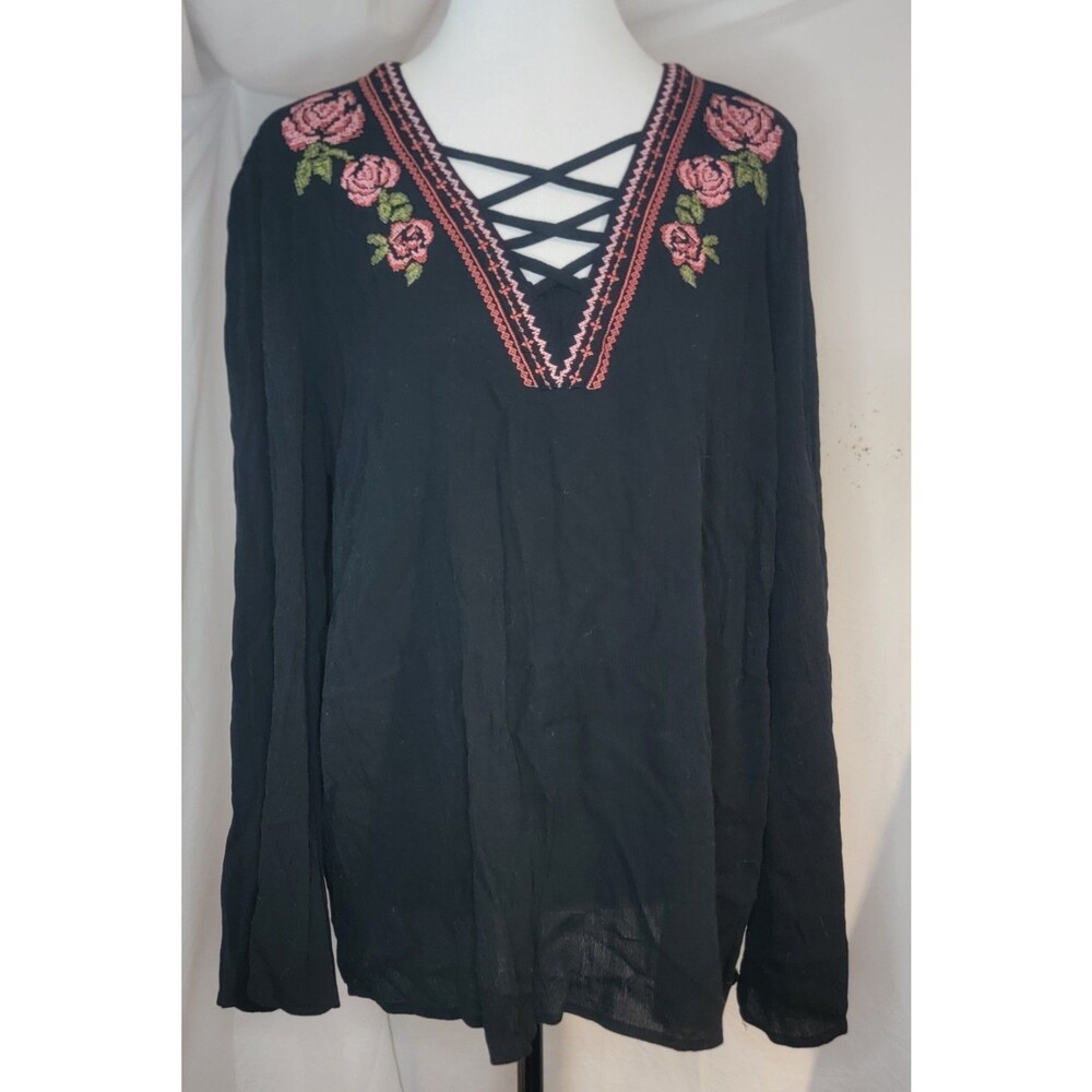 Womens Large Sheer Boho Top Black Floral Embroidered Bell Sleeve Tunic Blouse